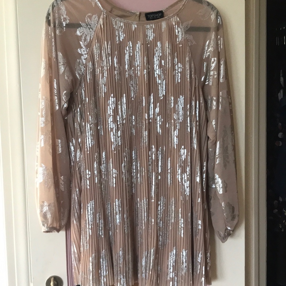 Topshop beige and metallic silk pleated dress
